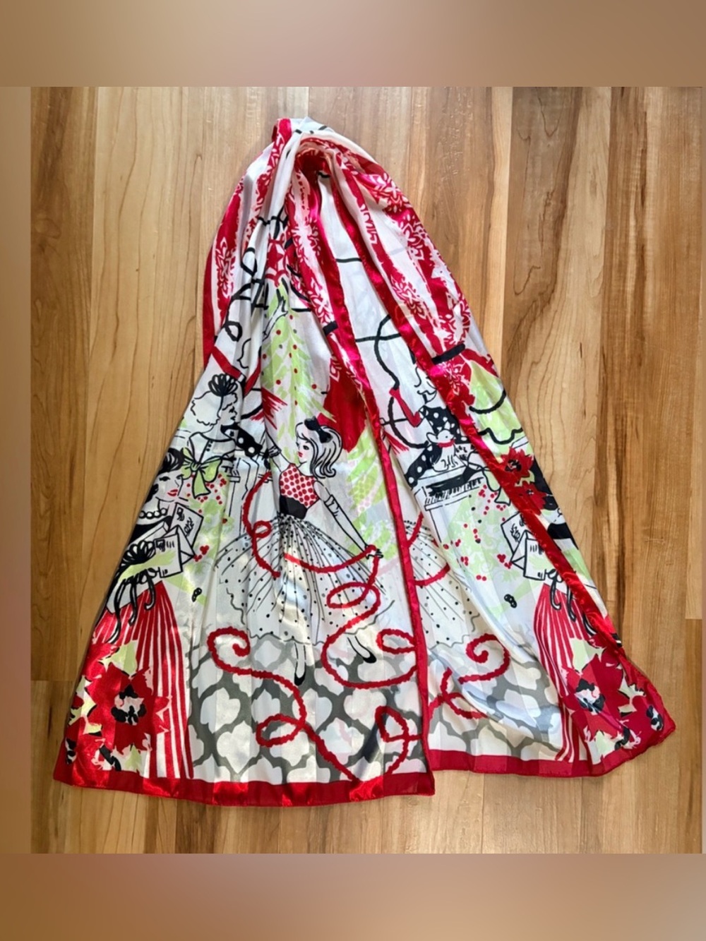 Vintage Inspired Red and White Scarf with Retro Christmas Party Scene